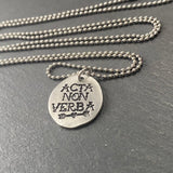 Latin phrase jewelry with heart arrow and hand stamped tattoo font. acta non verba. deeds not words. drake designs jewelry