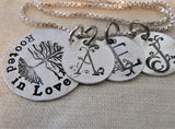 rooted in love family necklace personalized with kids initials in sterling silver.  rooted tree hand stamped drake designs jewelry