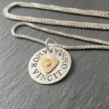 sterling silver latin phrase jewelry - amor vincit omnia love conquers all necklace with gold heart hand crafted - drake designs jewelry