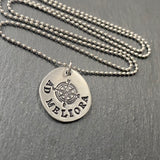 ad meliora Latin phrase is hand stamped on pewter with compass at the center - inspirational Latin saying jewelry - drake designs jewelry