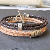 double wrapped 4mm braided  leather bracelet with toggle clasp and personalized sterling silver name charms.- drake designs jewelry