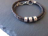 Triple wrapped braided leather bracelet for dad with personalized  sterling silver name charms - Drake Designs Jewelry