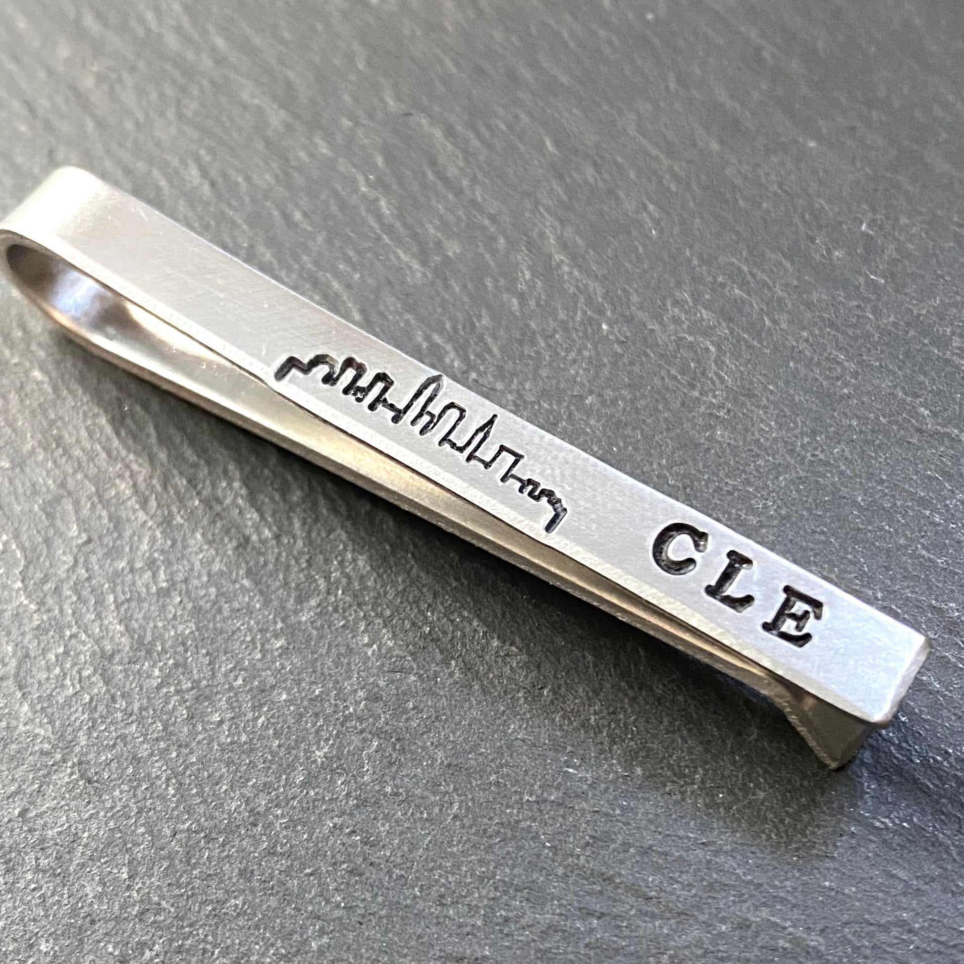 mens tie bar with Cleveland Ohio skyline hand stamped - drake designs jewelry
