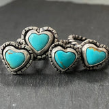 Sterling silver  turquoise heart ring with organic border on bezel set Kingman turquoise with twist wire rope ring band solid sterling silver and genuine turquoise - drake designs jewelry