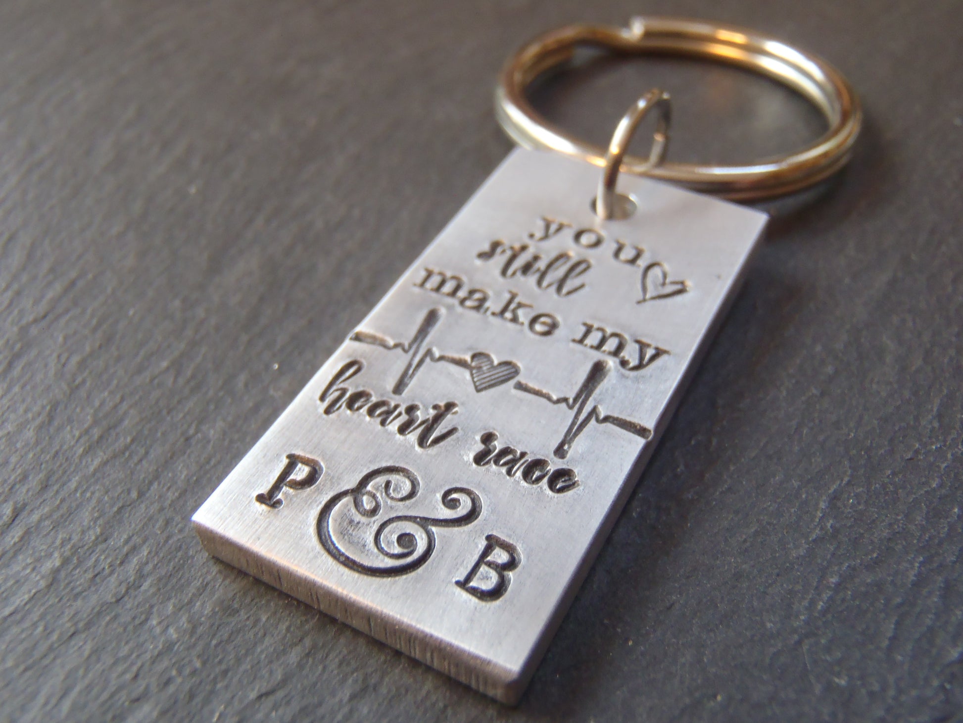 Aluminum traditional 10th anniversary gift keychain personalized with couples initials- drake designs jewelry