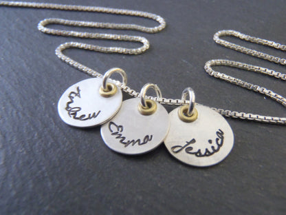 Mom necklace with kids names. Mixed metal Sterling silver with golden brass. - Drake Designs Jewelry