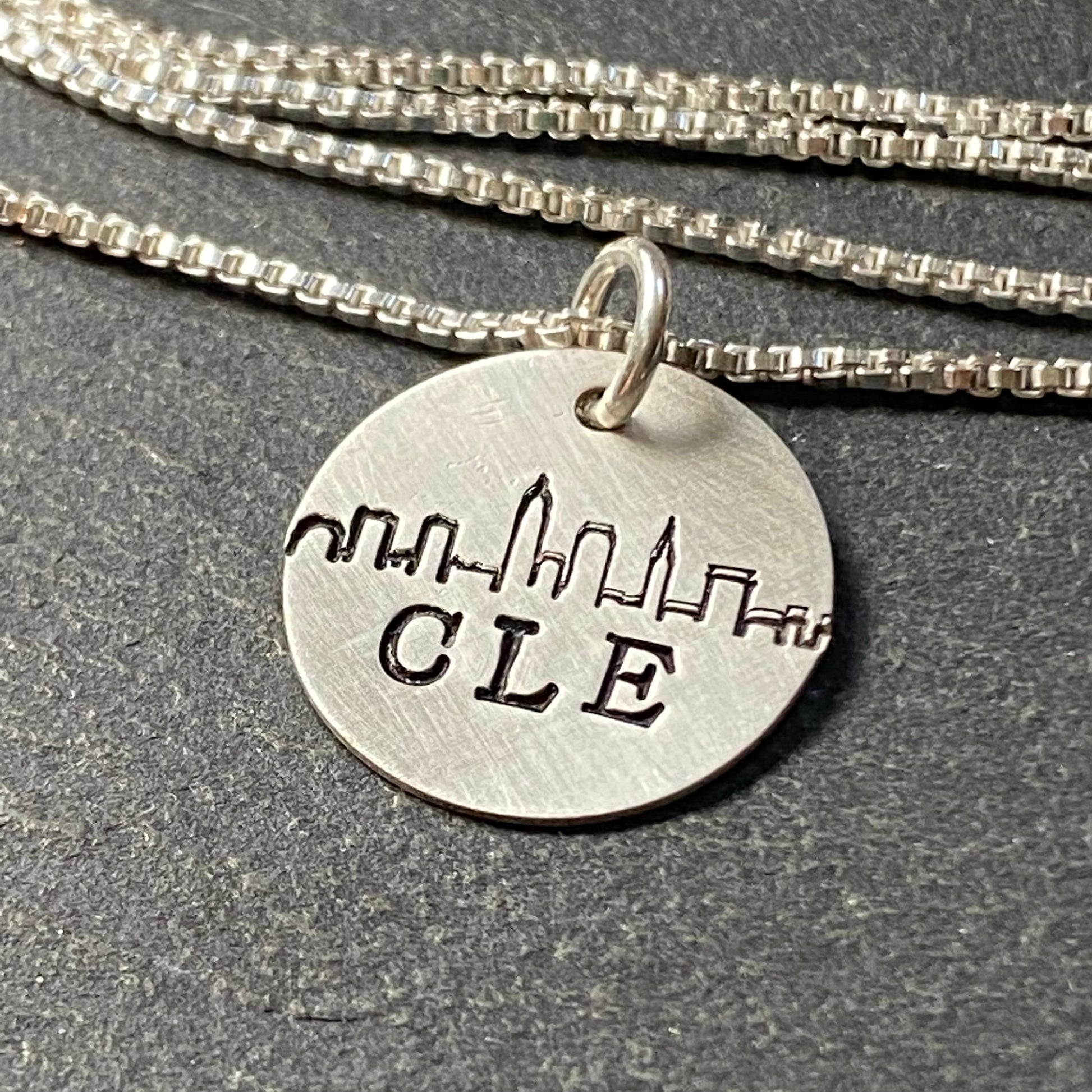 Cleveland skyline necklace hand stamped in sterling silver - drake designs jewelry