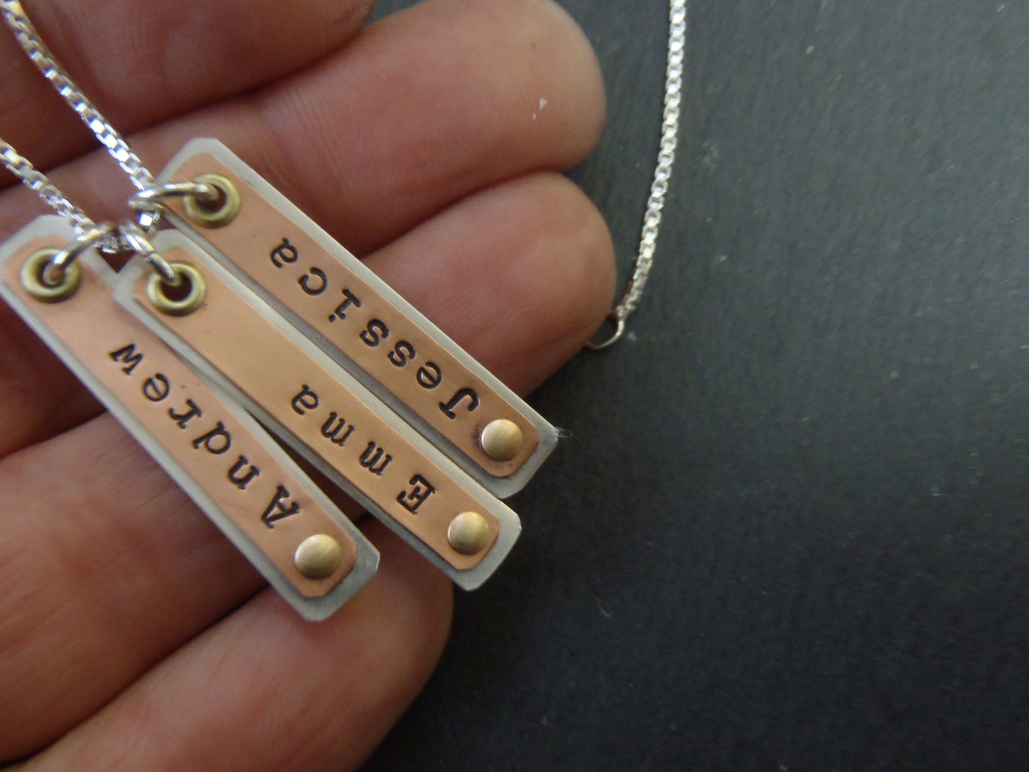 Name bar necklace personalized with kids names in mixed metals - Drake Designs Jewelry
