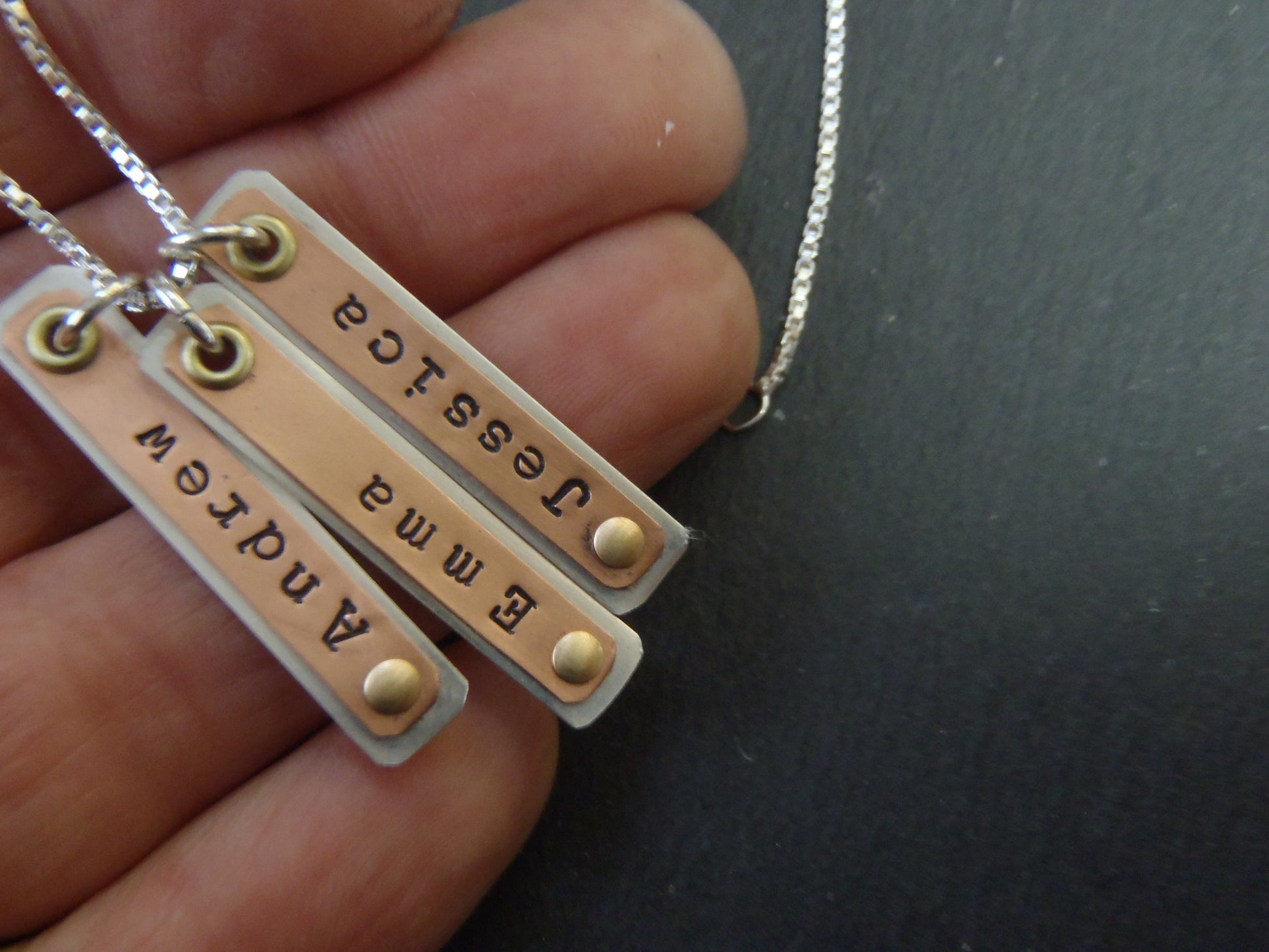 Name bar necklace personalized with kids names in mixed metals - Drake Designs Jewelry