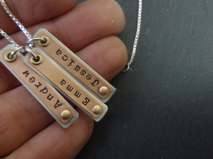 Name bar necklace personalized with kids names in mixed metals - Drake Designs Jewelry