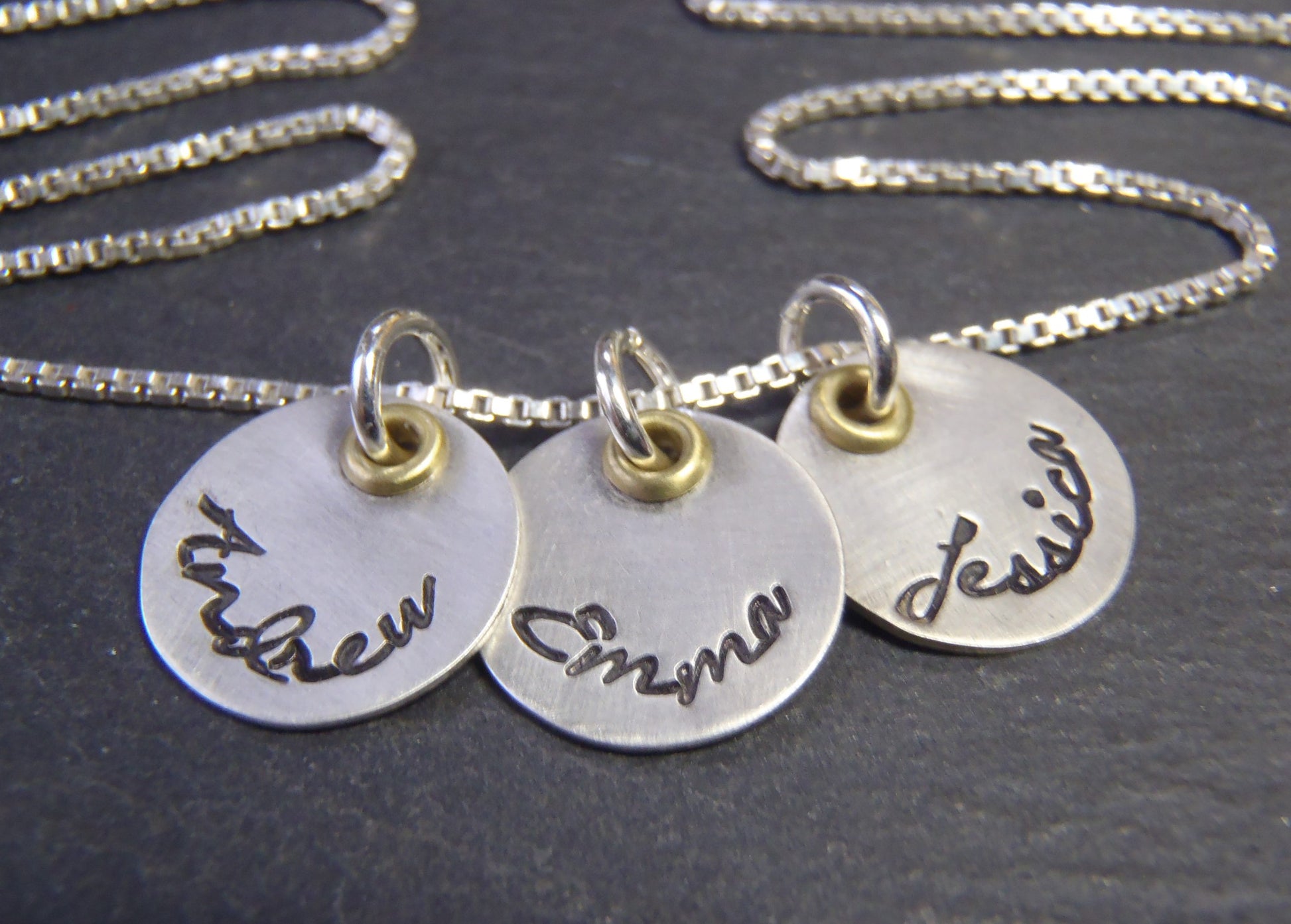 Mixed metal mothers necklace with kids names - sterling Drake Designs Jewelry silver and gold brass -