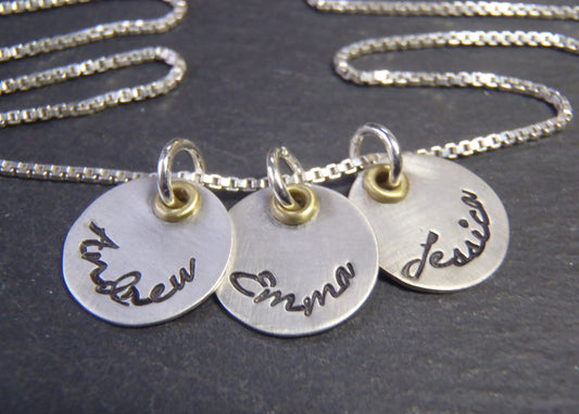 Mixed metal mothers necklace with kids names - sterling Drake Designs Jewelry silver and gold brass -
