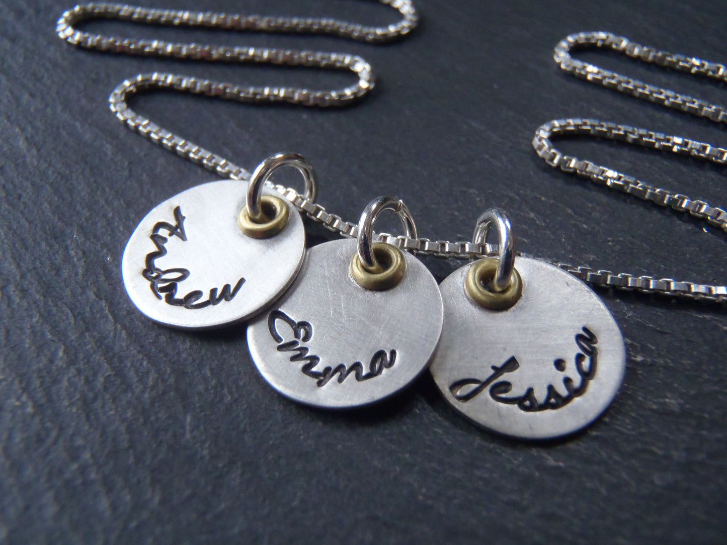 Mixed metal sterling silver mothers necklace with kids names - Drake Designs Jewelry