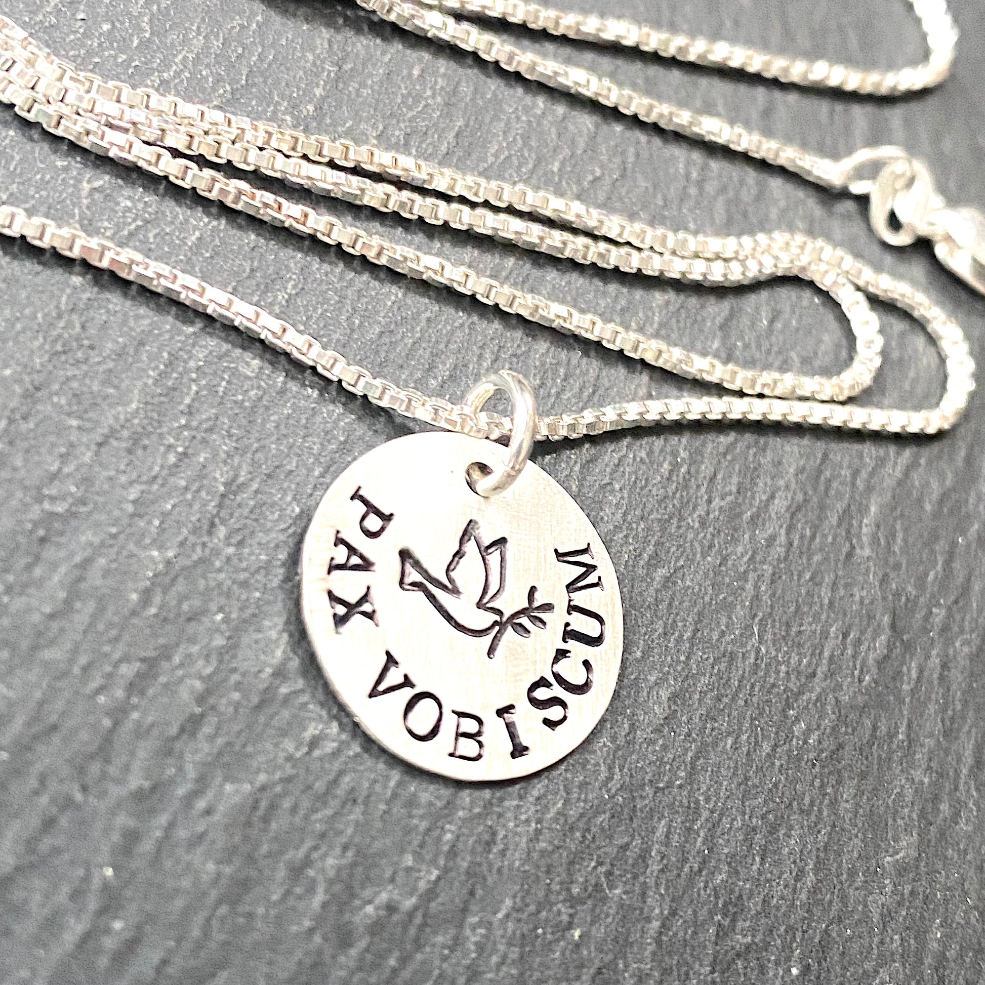 pax latin phrase necklace with hand stamped peace dove .  latin phrase jewelry. drake designs jewelry
