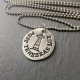 post tenebras lux after darkness, light latin phrase necklace hand stamped with lighthouse. drake designs jewelry