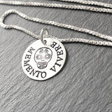 Memento vivere necklace with sugar skull.  sterling silver Latin phrase jewelry. drake designs jewelry