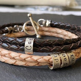 4mm braided leather bracelet with toggle clasp and personalized sterling silver name charms.- drake designs jewelry