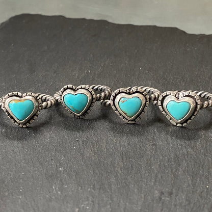 Sterling silver  turquoise heart ring with organic border on bezel set Kingman turquoise with twist wire rope ring band solid sterling silver and genuine turquoise - drake designs jewelry