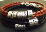 Braided leather bracelet with personalized  sterling silver name charms - Drake Designs Jewelry