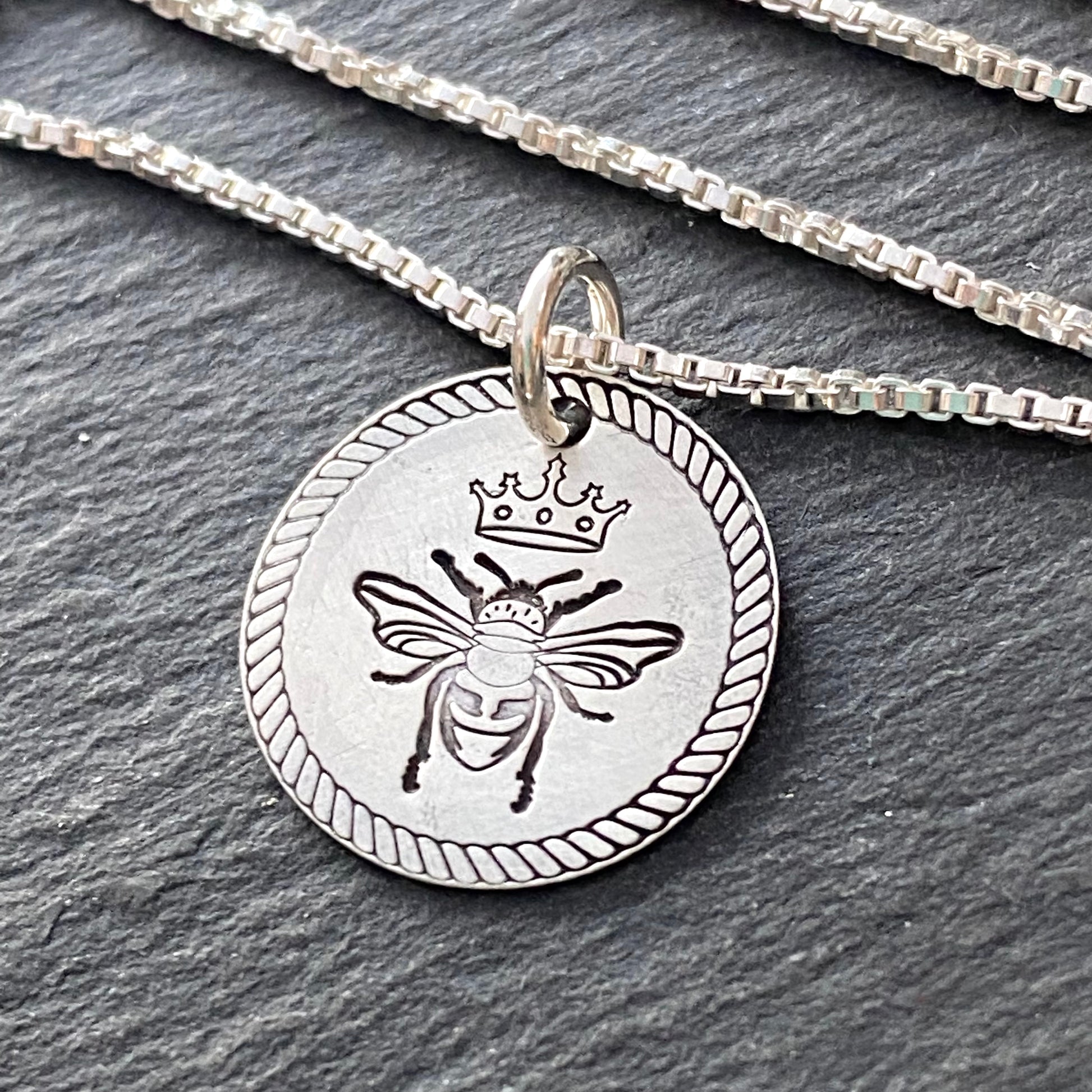 Queen bee necklace with rope border in sterling silver. drake designs jewelry