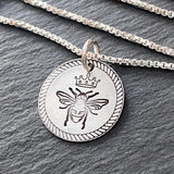 Queen bee necklace with rope border in sterling silver. drake designs jewelry
