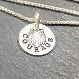 Sterling silver courage necklace with hand stamped Lion. Drake Designs Jewelry