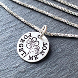 forget me not symbol of remembrance and love.  sympathy gift for loss.  Forget me not necklace hand stamped on sterling silver with brushed finish.  drake designs jewelry
