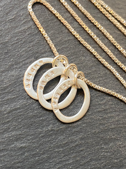Sterling silver mom necklace with Organically shaped Kids' names Charms