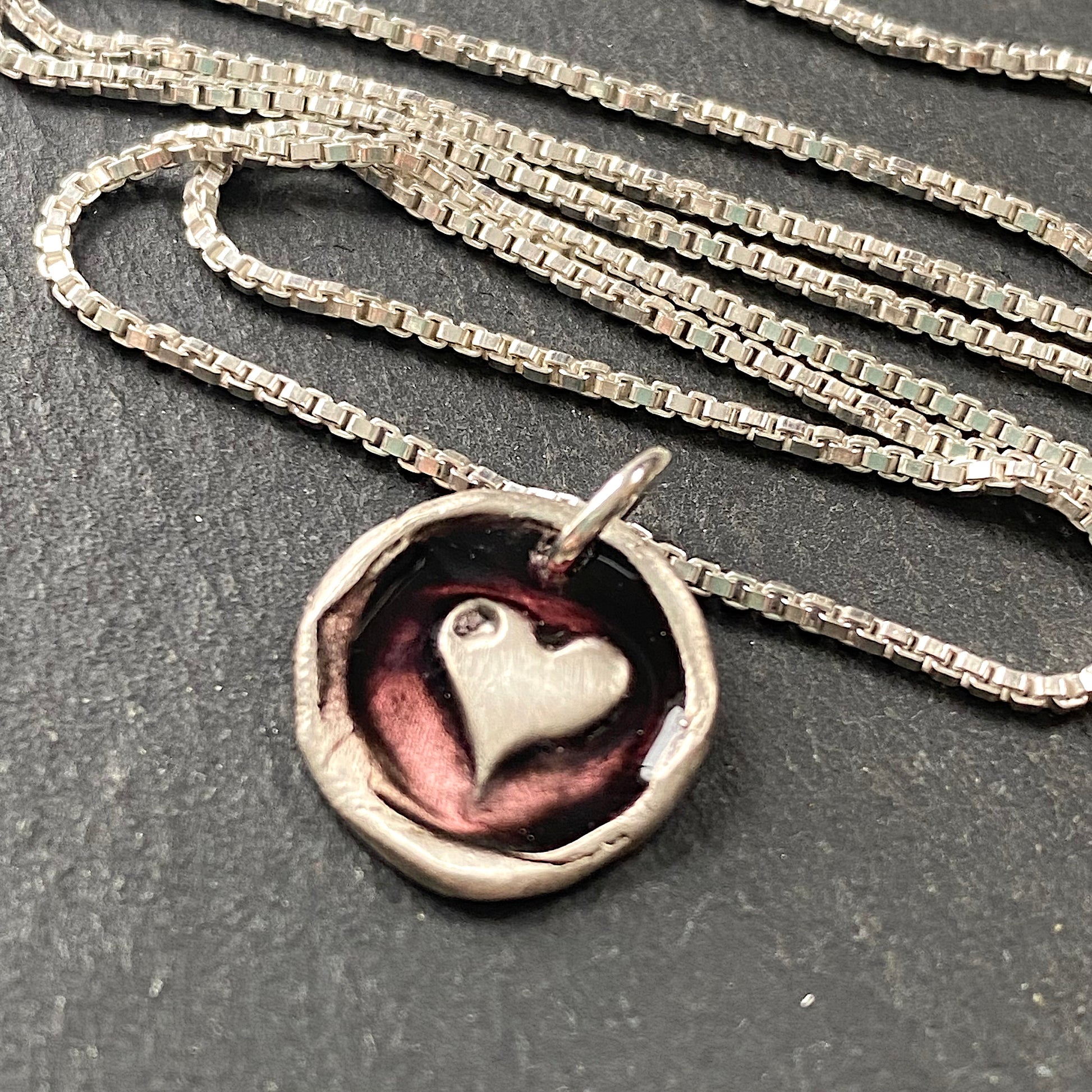 red heart wax seal necklace hand shaped and red resin hand poured for accent. drake designs jewelry