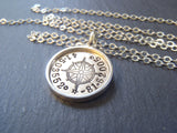 personalized compass, silver and 14k gold fill necklace with coordinates. raised edge border pendant - Drake Designs Jewelry