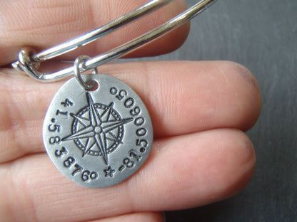 GPS coordinate bangle bracelet for her - womens's personalized compass jewelry - Drake Designs Jewelry