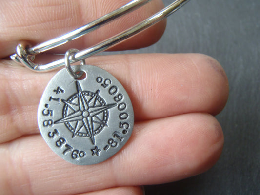 GPS coordinate bangle bracelet for her - womens personalized compass jewelry - Drake Designs Jewelry
