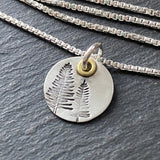 Hiking necklace for the outdoors woman. pine tree jewelry with gold accent.  drake designs jewelry