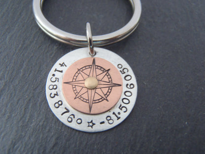 Custom compass keychain with coordinates - hand crafted from Sterling silver and copper - Drake Designs Jewelry