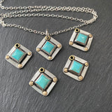 square turquoise necklace bezel set with gold brass accents hand crafted from sterling sheet  and Kingman turquoise - drake designs jewelry