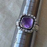faceted amethyst cushion ring in sterling silver.  raw and organically shaped. size 7 drake designs jewelry