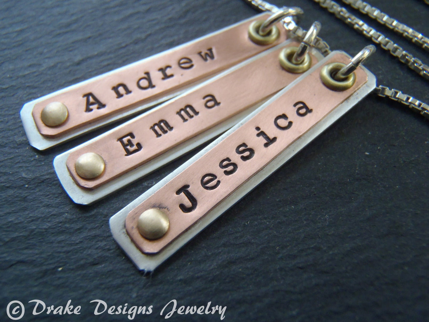 Name bar necklace personalized with kids names in mixed metals - Drake Designs Jewelry