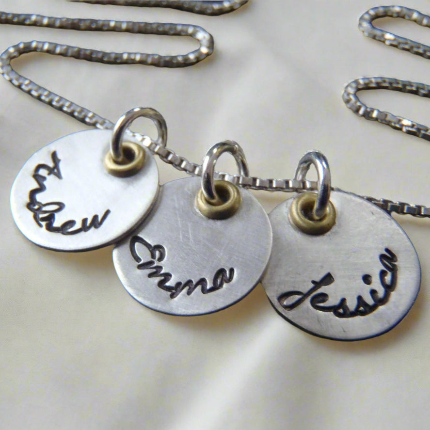 Mixed metal sterling silver mothers necklace with kids names - Drake Designs Jewelry