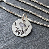 Scottish thistle necklace hand stamped in sterling silver. drake designs jewelry