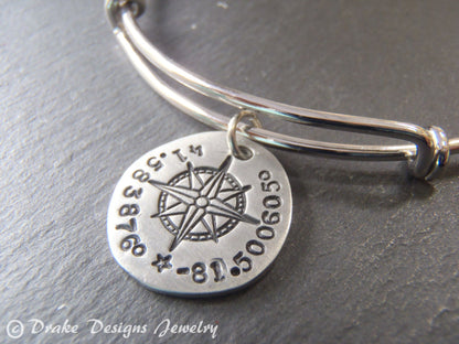GPS coordinate bangle bracelet for her - womens's personalized compass jewelry - Drake Designs Jewelry