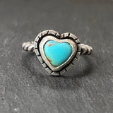 Sterling silver  turquoise heart ring with organic border on bezel set Kingman turquoise with twist wire rope ring band solid sterling silver and genuine turquoise - drake designs jewelry