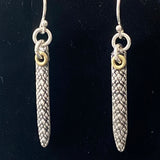 snake print earrings hand crafted from sterling silver and golden brass. snake texture bar dangle earrings. drake designs jewelry