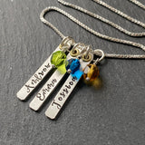 mixed metal thick bar mom necklace with childrens names.  sterling silver and gold brass with birthstone charms. drake designs jewelry