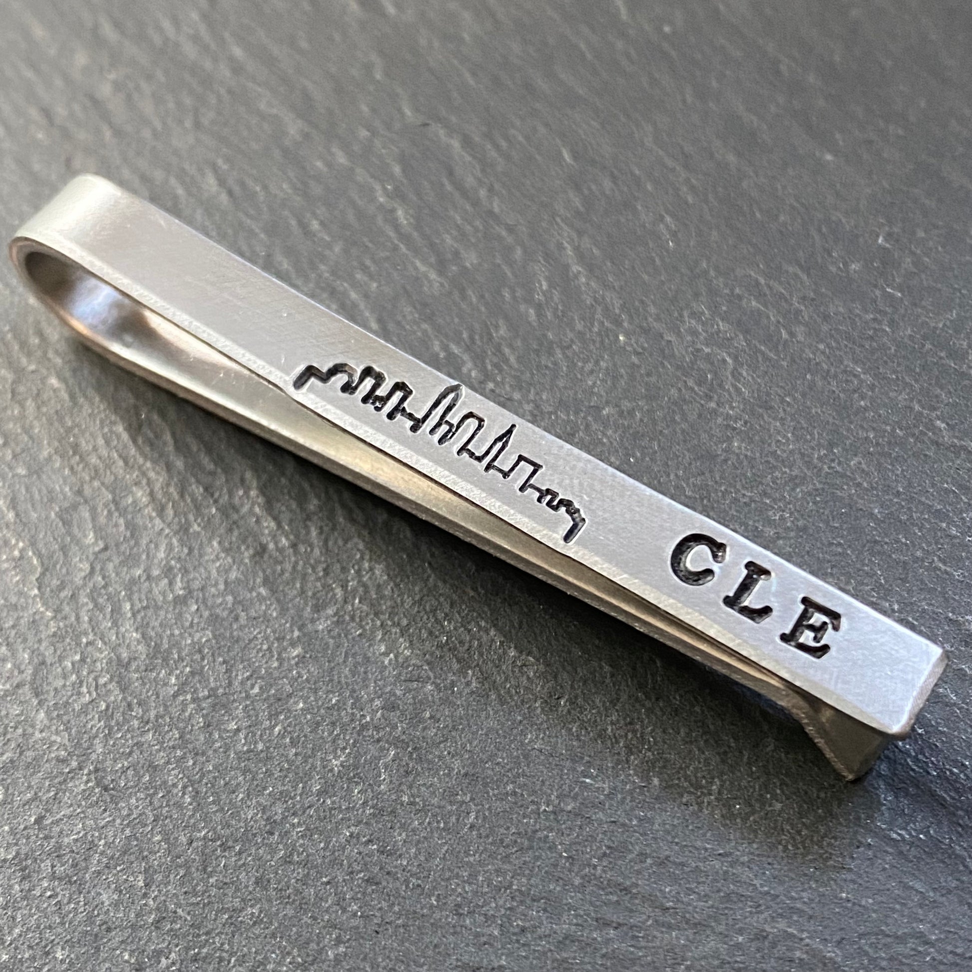 mens tie bar with Cleveland Ohio skyline hand stamped - drake designs jewelry