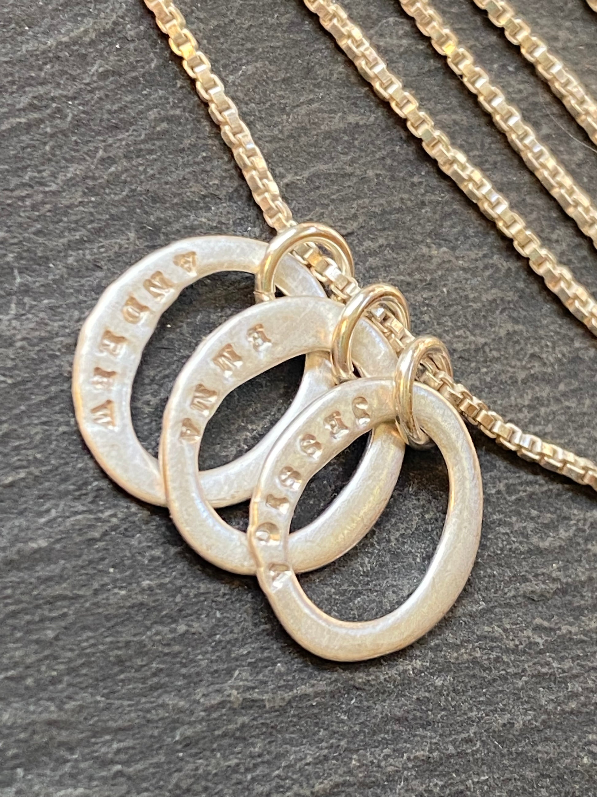 mom necklace hand stamped on tiny sterling silver charms - drake designs jewelry