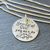 Beautiful Girl you can do hard things necklace in sterling silver with gold accent.  drake designs jewelry