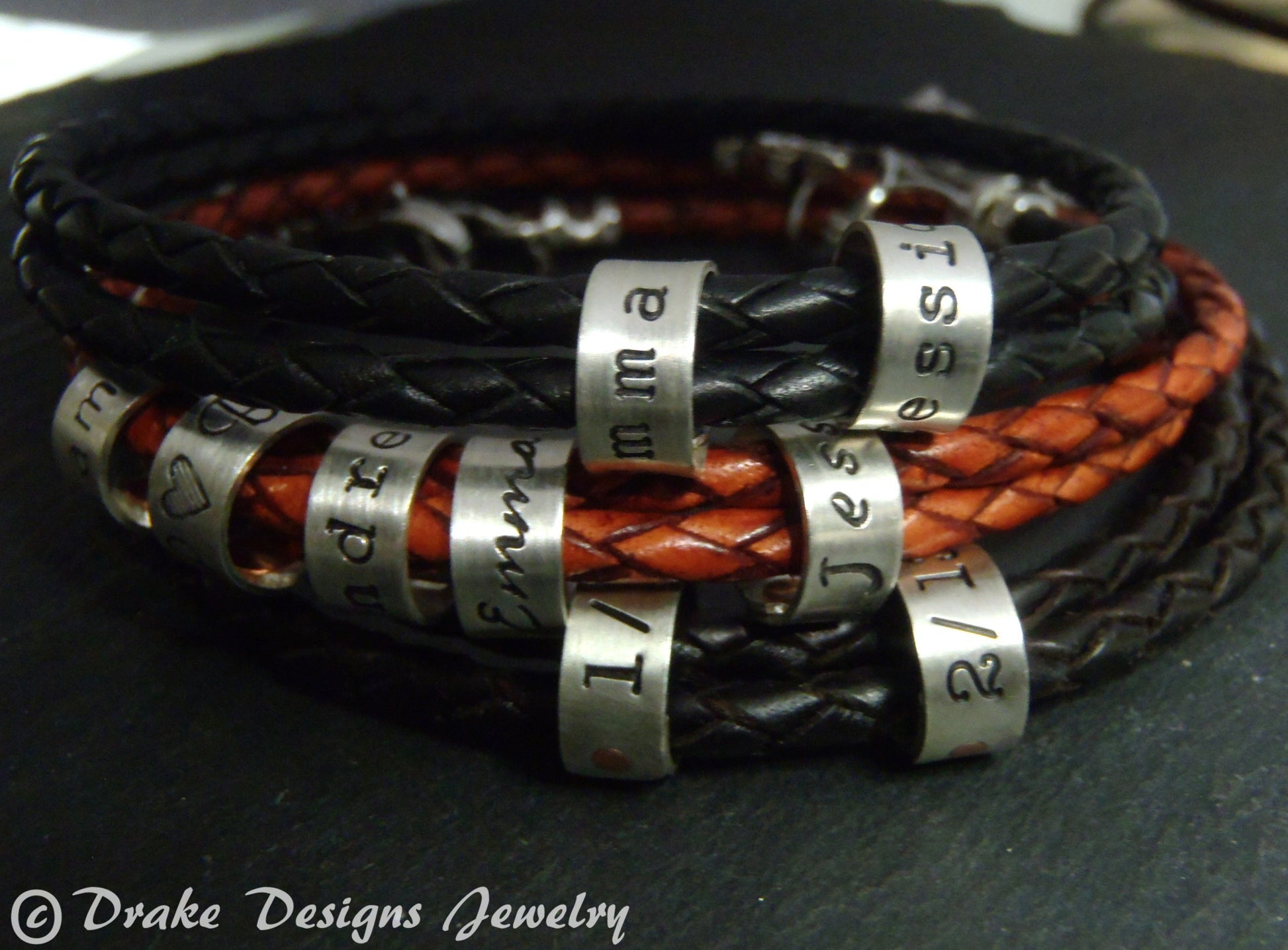 Braided leather bracelet with personalized  sterling silver name charms - Drake Designs Jewelry