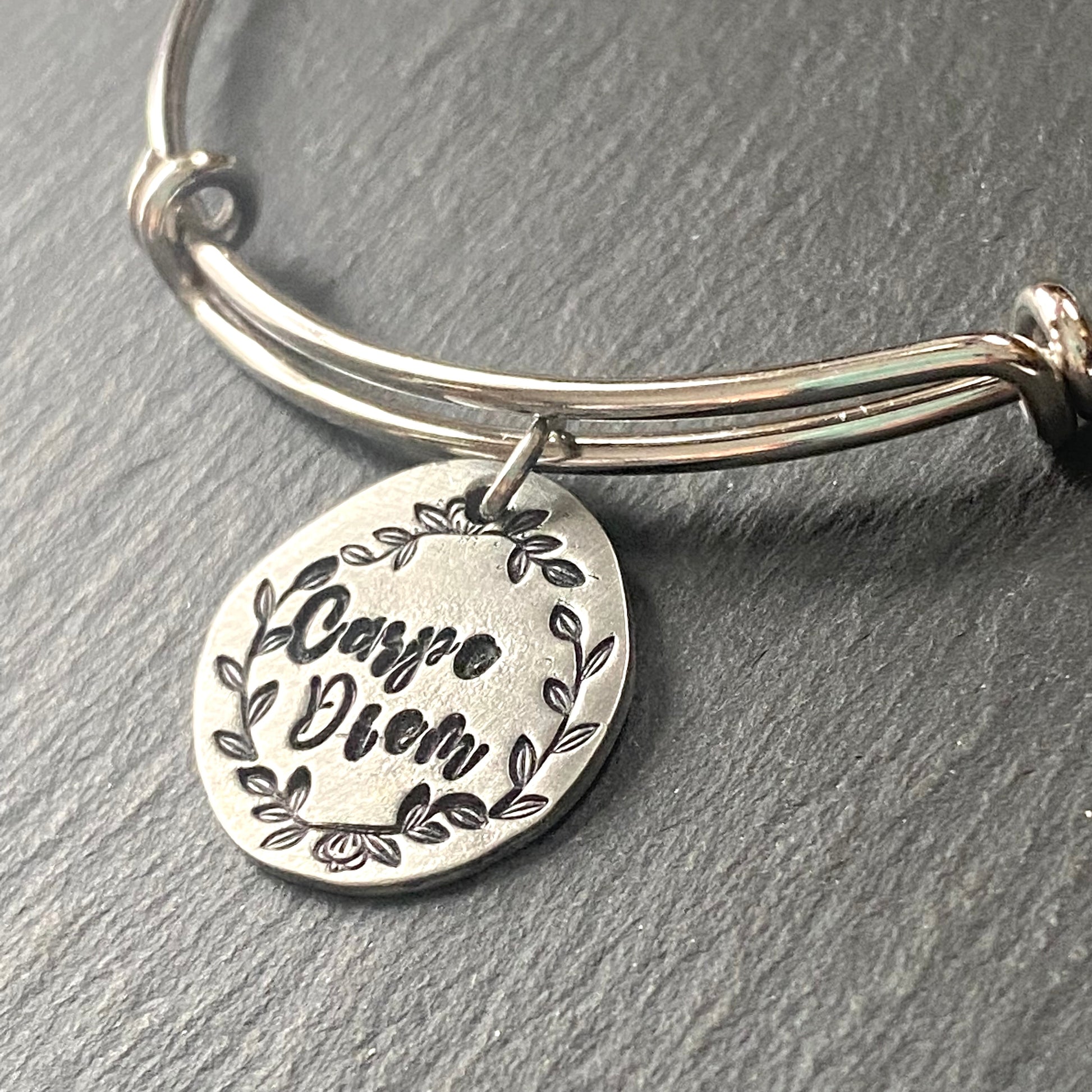 Carpe Diem latin phrase bracelet hand stamped adjustable bangle latin phrase jewelry. drake designs jewelry