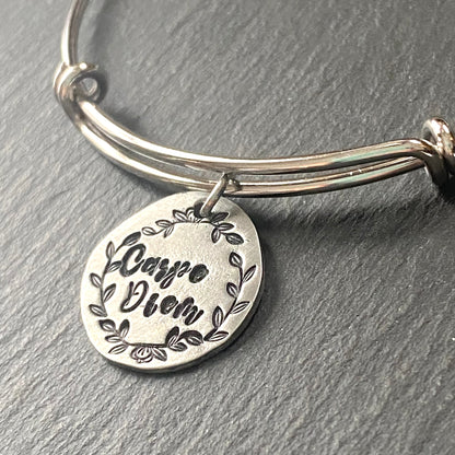 Carpe Diem latin phrase bracelet hand stamped adjustable bangle latin phrase jewelry. drake designs jewelry