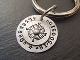 custom sterling silver compass keychain hand stamped with coordinates - drake designs jewelry